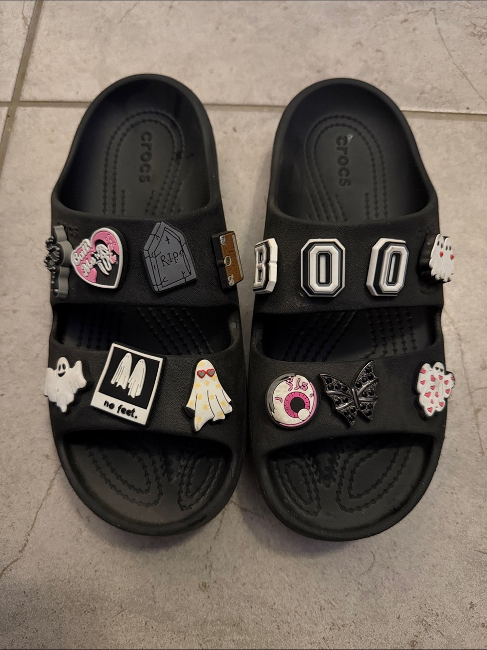 CROCS Black womens Slide Sandals with Halloween Jibbitz Charms